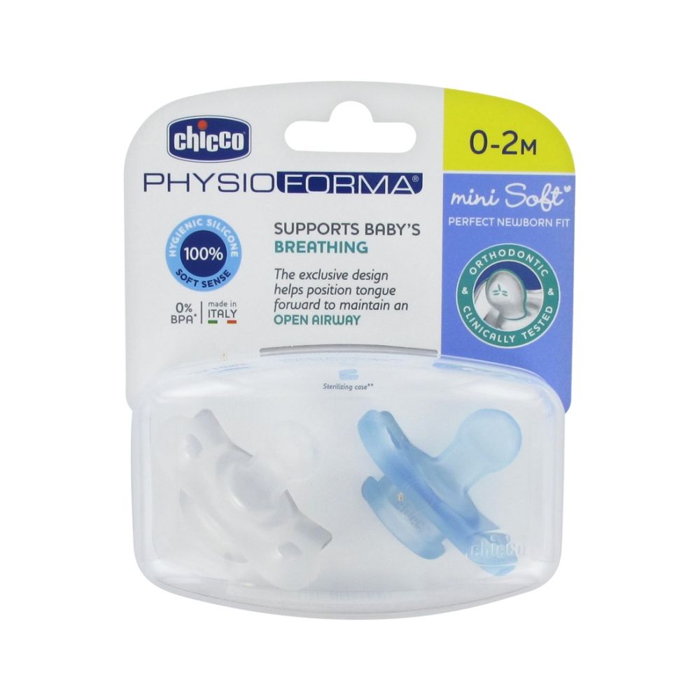 2 Sucettes Silicone 0-2 Mois Physio Forma Mini Soft Transparent blanc et Bleu Chicco  Produits