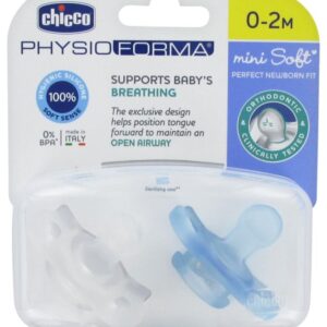 2 Sucettes Silicone 0-2 Mois Physio Forma Mini Soft Transparent blanc et Bleu Chicco Produits