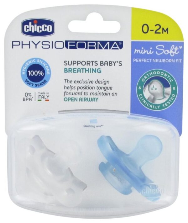 2 Sucettes Silicone 0-2 Mois Physio Forma Mini Soft Transparent blanc et Bleu Chicco Produits