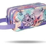 Trousse à trois compartiments Lilo & Stitch avec motif pastel et inscription Love More, poignée violette