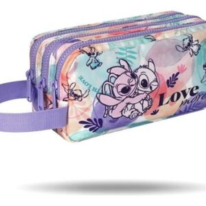 Trousse à trois compartiments Lilo & Stitch avec motif pastel et inscription Love More, poignée violette