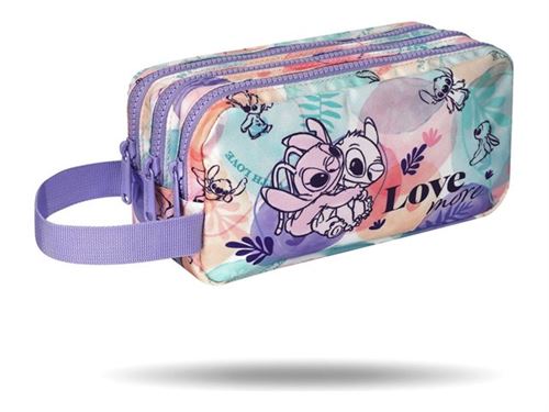 CoolPack-PRIMUS-Trousse-Stitch-Pastel Trousse à trois compartiments Lilo & Stitch avec motif pastel et inscription Love More, poignée violette