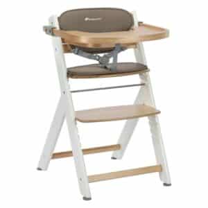 Chaise haute bébé Bebeconfort en bois blanc et naturel avec tablette et coussin taupe, harnais de sécurité inclus