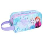 Trousse double compartiment La Reine des Neiges avec Elsa et Anna, inscription « Keep Calm Let it Go », bleu et violet