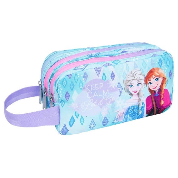 Trousse double compartiment La Reine des Neiges avec Elsa et Anna, inscription « Keep Calm Let it Go », bleu et violet