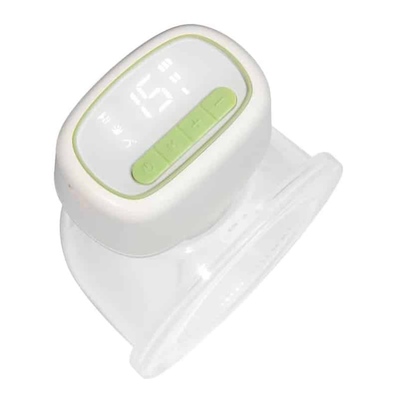 Tire-lait électrique portable avec écran LED et boutons de commande verts, vu de dessus